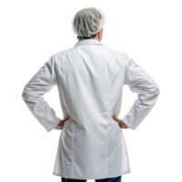 professional in white lab coat stands confidently with hands on hips, showcasing commitment to biotechnology and research png