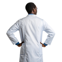 confident scientist in lab coat stands with hands on hips, showcasing sense of determination and focus in field of biotechnology png
