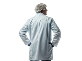 senior scientist in lab coat stands confidently, embodying spirit of innovation in biotechnology and research png
