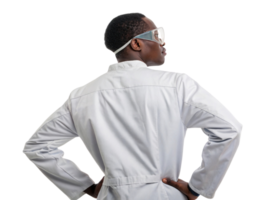 confident scientist in lab coat, showcasing biotechnology research with protective eyewear, embodies innovation and discovery png