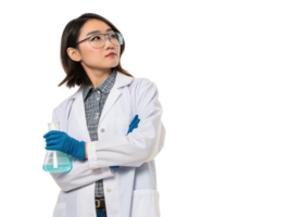 thoughtful scientist in lab coat, showcasing biotechnology with flask in hand, pondering innovative solutions png