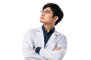 A thoughtful scientist in lab coat, contemplating advancements in biotechnology and research. His expression reflects curiosity and determination png