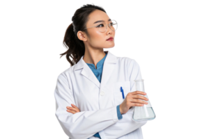 confident scientist in lab coat holds flask, embodying spirit of innovation in biotechnology png