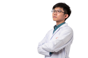 confident scientist in lab coat stands with arms crossed, embodying spirit of innovation in biotechnology and research png