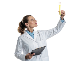 scientist in lab coat examines test tube with focused expression, showcasing importance of biotechnology in research and innovation png