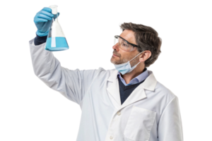 scientist lab coat examines blue liquid flask, showcasing biotechnology and research. His focused expression reflects curiosity and innovation png