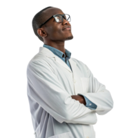 confident scientist in lab coat, showcasing sense of pride and innovation in biotechnology png