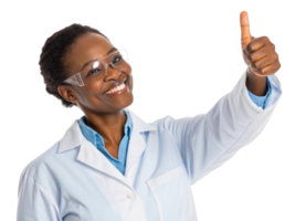descriptionA smiling scientist in lab coat giving thumbs up, showcasing enthusiasm for biotechnology and research png