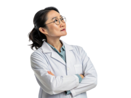 thoughtful scientist in lab coat, reflecting on biotechnology advancements and innovations in research png