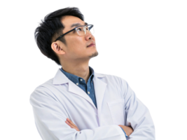 thoughtful scientist in lab coat contemplates advancements in biotechnology, showcasing curiosity and innovation in research png