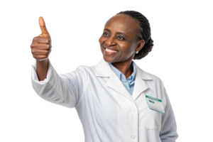 smiling healthcare professional in lab coat gives thumbs up, representing positivity and confidence in biotechnology png