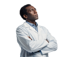 thoughtful scientist in lab coat, reflecting on biotechnology advancements and future possibilities png