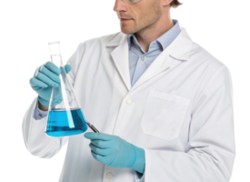 Scientist in lab coat examining blue liquid in flask, showcasing biotechnology and research innovation with focused expression png
