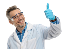 smiling scientist in lab coat, wearing protective goggles and gloves, gives thumbs up, showcasing enthusiasm for biotechnology png