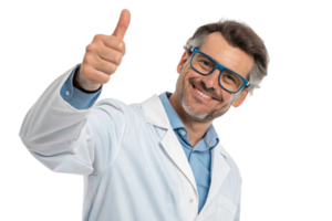 Smiling scientist giving thumbs up, showcasing enthusiasm for biotechnology and research in lab setting png