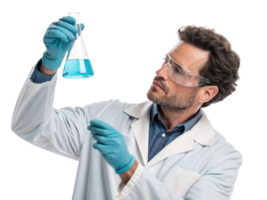 scientist in lab coat examines blue liquid in flask, showcasing biotechnology research and experimentation png