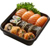 Delicious assortment of sushi with fresh salmon, crab and vegetables served in a black takeout container png