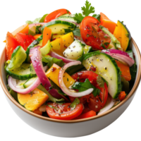 Fresh Vegetable Salad with Colorful Ingredients and Dressing in a White Bowl on a Bright Background png