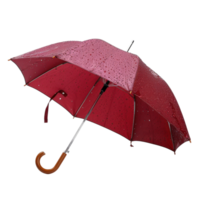Red umbrella with water droplets, sheltering from rain, bright color, stylish design, protection from wet weather png