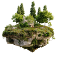 Enchanted floating island with a quaint cottage surrounded by lush trees and vibrant greenery under a bright sky png