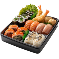 Delicious Japanese Cuisine Platter with Sushi, Tempura, and Fresh Fish Ready for Enjoyment and Sharing at a Table png