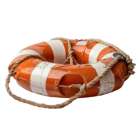 Bright Orange Lifebuoy with White Stripes and Rope for Safety in Water Rescue Situations and Maritime Applications png
