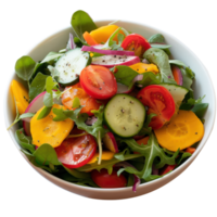 Fresh and Colorful Salad with Mixed Greens, Cherry Tomatoes, Cucumbers, and Bell Peppers in a White Bowl png