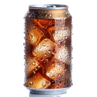 Refreshing fizzy beverage in an ice-filled can with droplets showcasing condensation and vibrant colors png