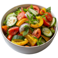 Freshly prepared vibrant salad with colorful vegetables including bell peppers, cucumbers, and cherry tomatoes in bowl png