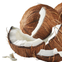 Freshly Cut Coconut Halves with White Pulp and Brown Shell on Rustic Background png