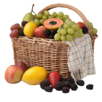 Fresh and Colorful Assortment of Seasonal Fruits in a Basket with Checkered Cloth Decoration png