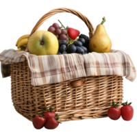 Fresh and Colorful Fruit Basket with Strawberries, Grapes, Apples, Pears, and a Checkered Cloth Displayed in Natural Light png