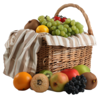 Fresh Assortment of Colorful Fruits in a Woven Basket with Striped Cloth Displaying Natural Produce png