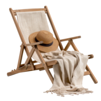 Relaxing Beach Chair with Sun Hat and Cozy Throw Blanket for Perfect Summer Retreat and Vacations png