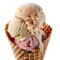 Delicious three-scoop ice cream cone with vanilla, peach, and strawberry flavors dripping beautifully on a white background png