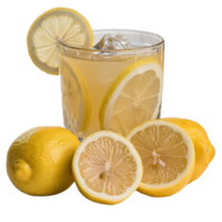 Refreshing Lemonade Drink with Freshly Sliced Lemons and Ice Cubes in a Glass on a Bright Background png