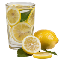 Refreshing glass of lemon water with fresh slices of lemon and vibrant green leaves in a clear glass on white background png