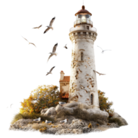 Scenic coastal lighthouse surrounded by rocky shore, colorful foliage, and flying birds in a serene environment png