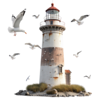 Historic lighthouse with weathered exterior, seagulls flying and coastal scenery, symbol of maritime navigation and safety png
