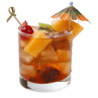 Refreshing tropical cocktail with fresh fruit, ice cubes, and decorative umbrella on a bright background png