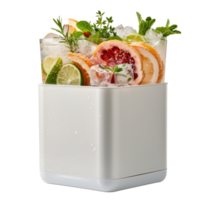 Refreshing Summer Beverage with Citrus Fruit and Herbs in a Modern Ice Cube Container png