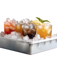 Refreshing Summer Drinks Assorted Beverage Cocktails on Ice in Clear Container with Lemon and Colorful Garnishes png