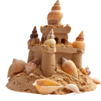 Intricately Detailed Sand Castle Adorned with Colorful Seashells Captured in Bright Natural Light on a Beach png