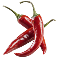 Fresh Red Chili Peppers with Green Stems on a White Background Showcasing Vibrant Color and Texture for Culinary Use png