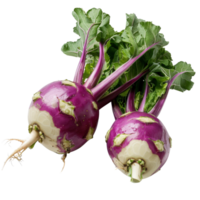 Fresh and Vibrant Purple Kohlrabi with Green Leaves Isolated on White Background png