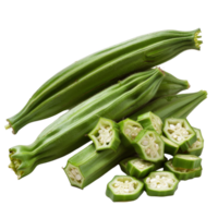Fresh green okra pods and sliced pieces laying on a white background showcasing vibrant colors and textures png