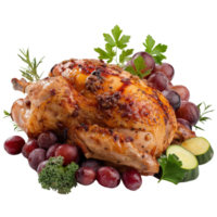 Roasted Whole Chicken Garnished with Fresh Herbs and Accompanied by Grapes and Vegetables on a White Background png