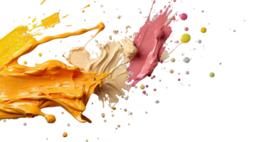 Vibrant Abstract Color Splash with Yellow, Beige, Pink Paints and Colorful Droplets on a Black Background png