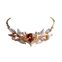 Elegant gold necklace adorned with intricate gemstone designs and sparkling crystals, perfect for luxury jewelry display png