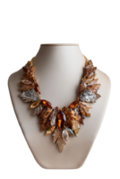 Elegant and Sparkling Statement Necklace with Gold, Silver, and Bronze Elements on a Display Bust png